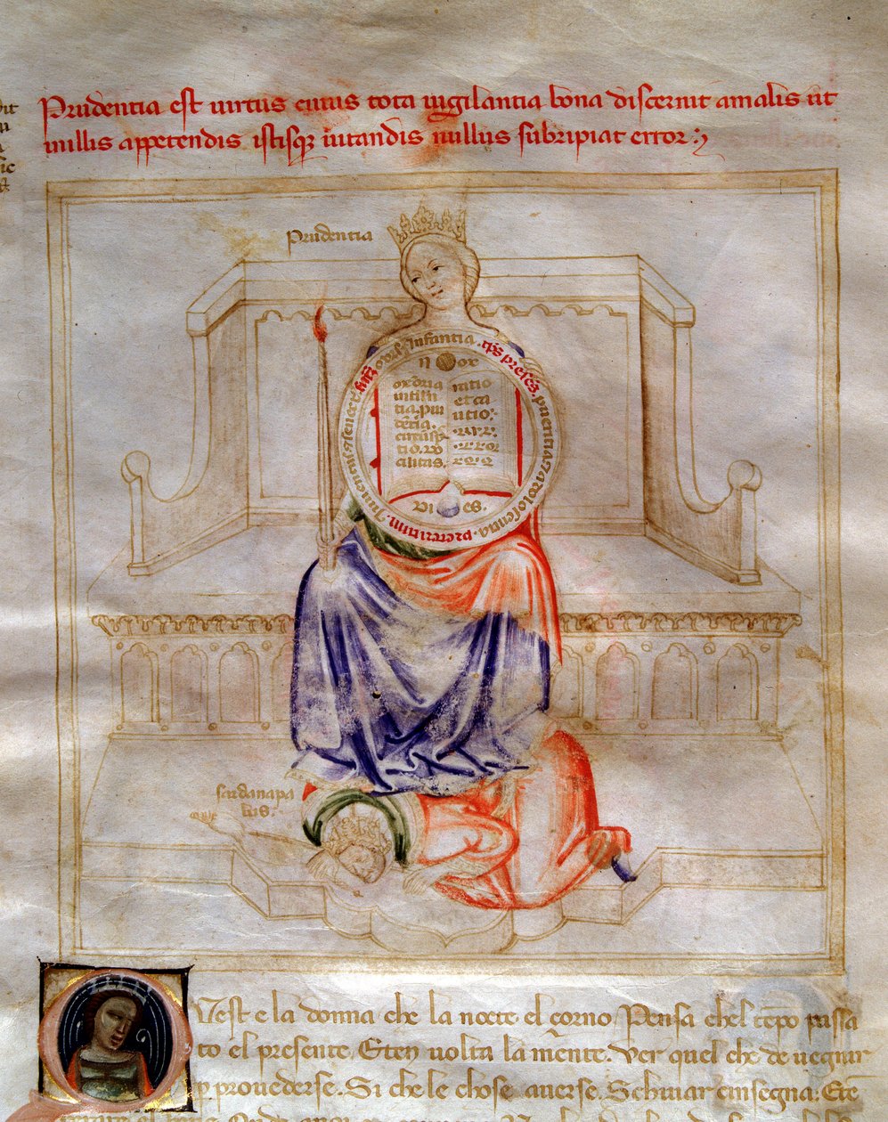 Allegorier om forsigtighed i "" Chansonne des sept Vertus et des sept Arts liberales bestemt til Bruzio Visconti "(Sangen om dyder og videnskaber) af Bartolomeo di Bartoli. Akvarel af Andrea di Bartoli (aktiv mellem 1358 og 1368) (ms. 599, fol. af Andrea de Bartoli
