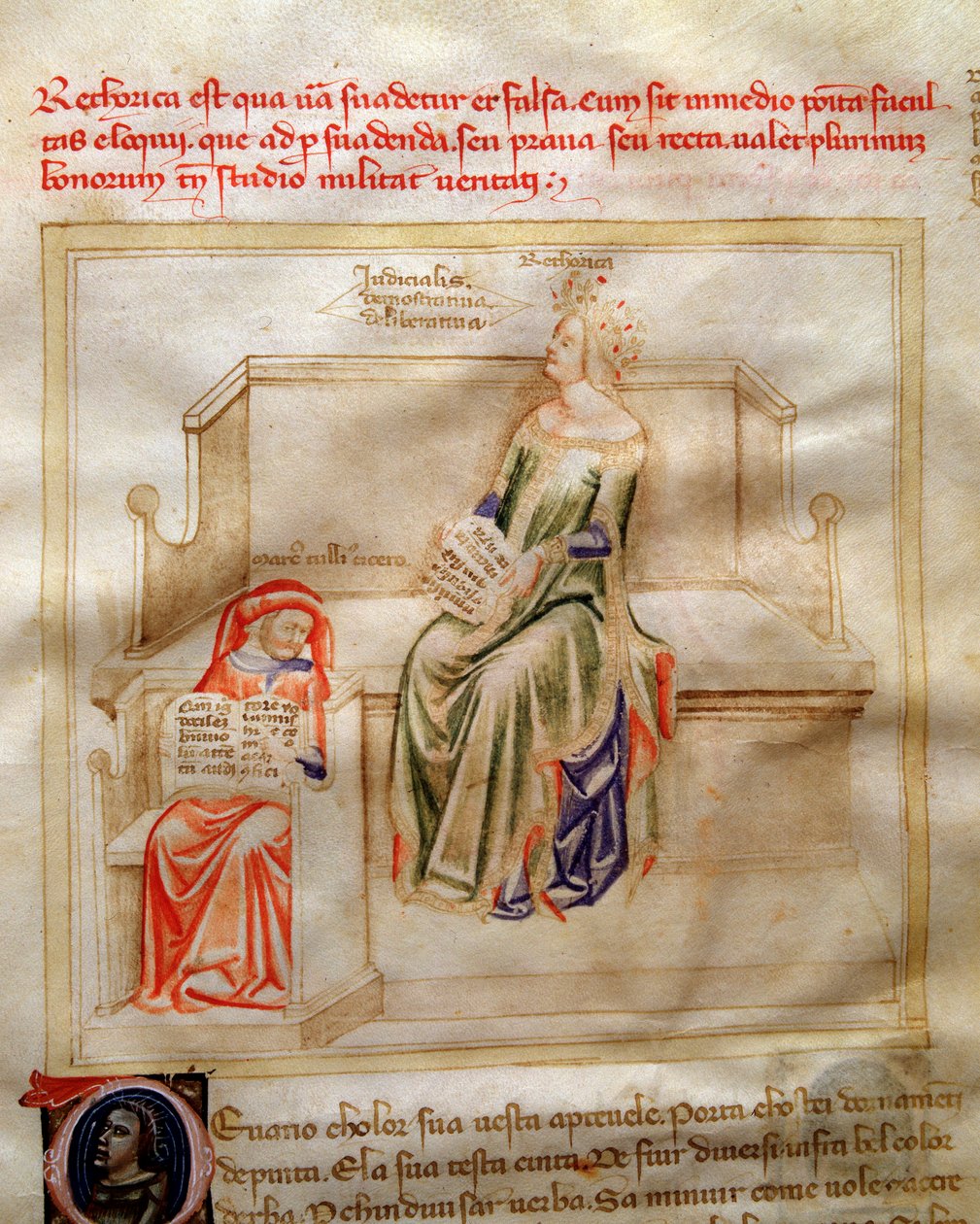 Allegorier af retorikken i "" Chansonne des sept Vertus et des sept Arts liberales bestemt til Bruzio Visconti "(Sangen om dyder og videnskaber) af Bartolomeo di Bartoli. Akvarel af Andrea di Bartoli (aktiv mellem 1358 og 1368) (ms. 599, f af Andrea de Bartoli