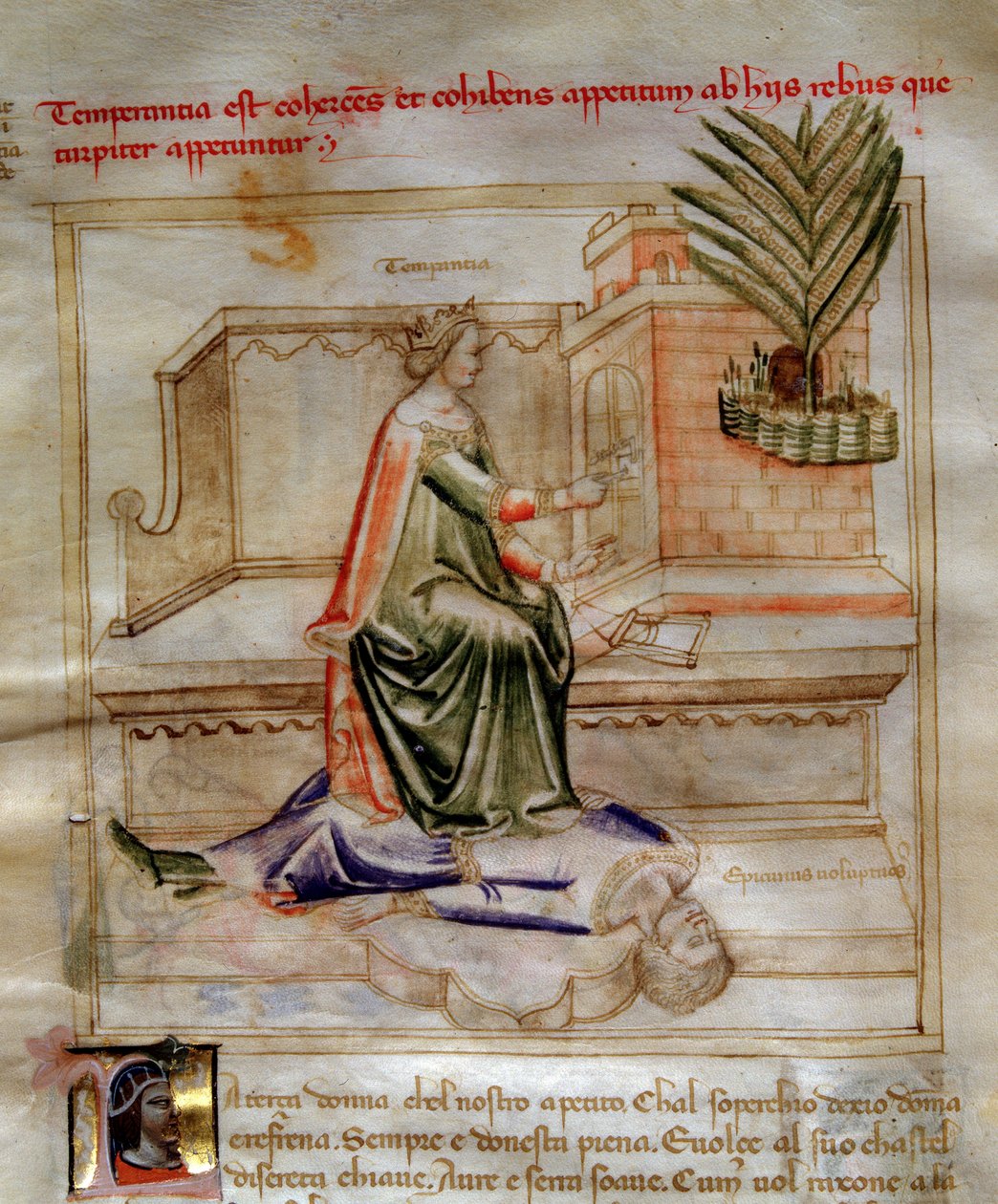 Allegorier of Temperance i "" Chansonne des sept virtues et des sept arts liberoux destinee a Bruzio Visconti "(Sangen om dyder og videnskaber) af Bartolomeo di Bartoli. Akvarel af Andrea di Bartoli (aktiv mellem 1358 og 1368) (ms. 599, f af Andrea de Bartoli