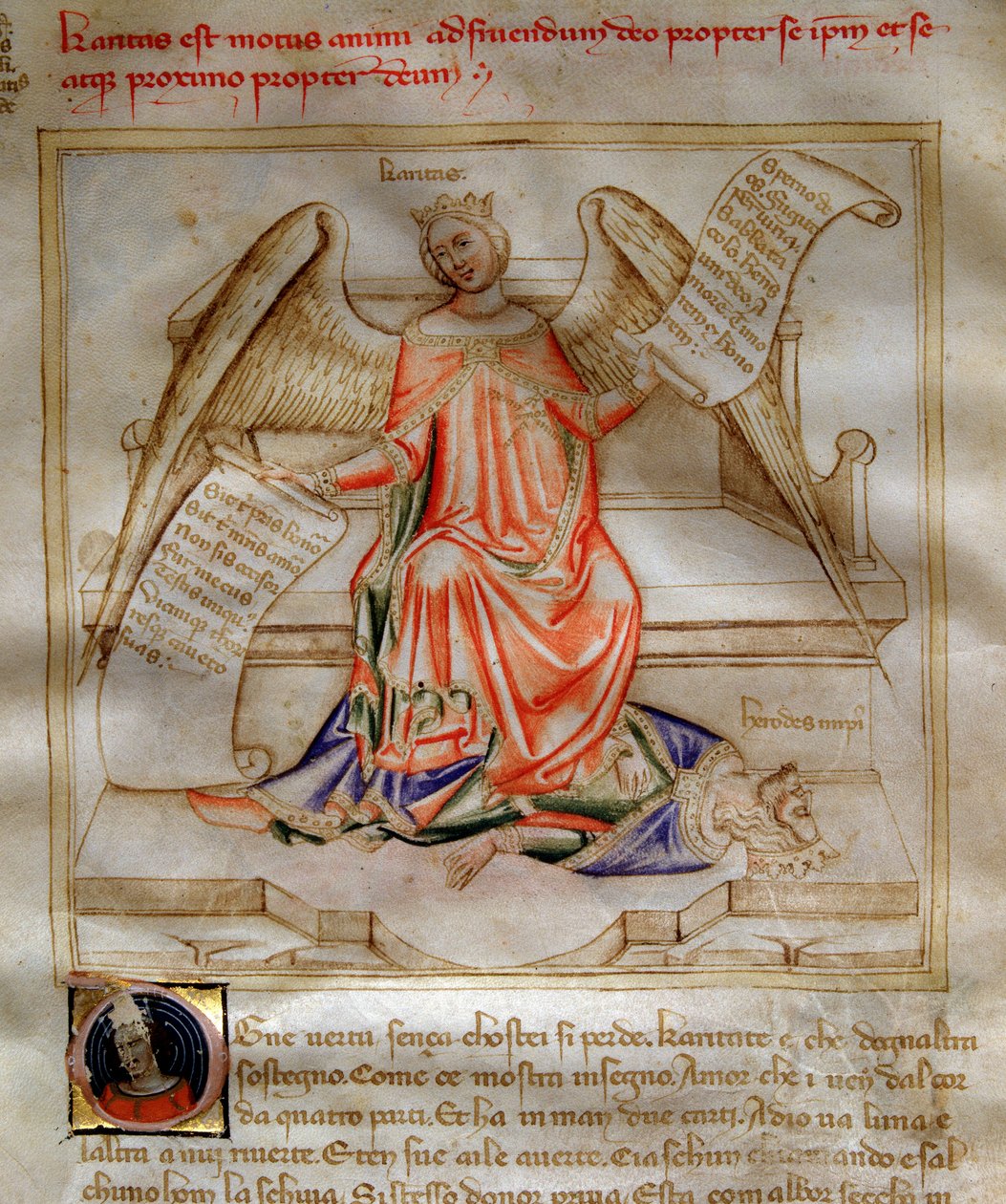Allegori om velgørenhed ailee, der træder Herode I den Store for fødderne i "" Song of the Seven Vertus and the Seven Liberal Arts destinee for Bruzio Visconti" (La Canzone delle Virtu e delle Scienze) af Bartolomeo di Bartoli. Akvarel af Andrea di Bartoli af Andrea de Bartoli
