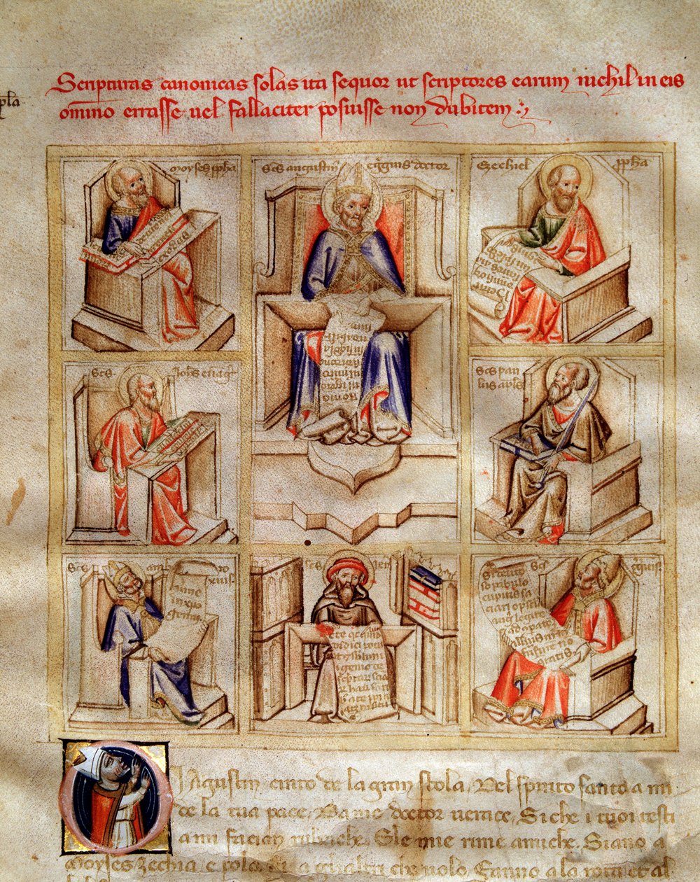 Repræsentation af kirkens læger: Sankt Johannes, Sankt Ambrosius af Milano, Sankt Hieronymus, Sankt Gregoire den Store og Sankt Paul i "" Song of the Seven Vertus and the Seven Liberal Arts destinee for Bruzio Visconti"" (La Canzone delle) Virtu og dell af Andrea de Bartoli
