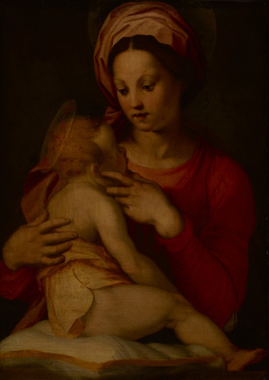 Madonnaen og barnet (olie på panel) af Andrea del (attr.to) Sarto