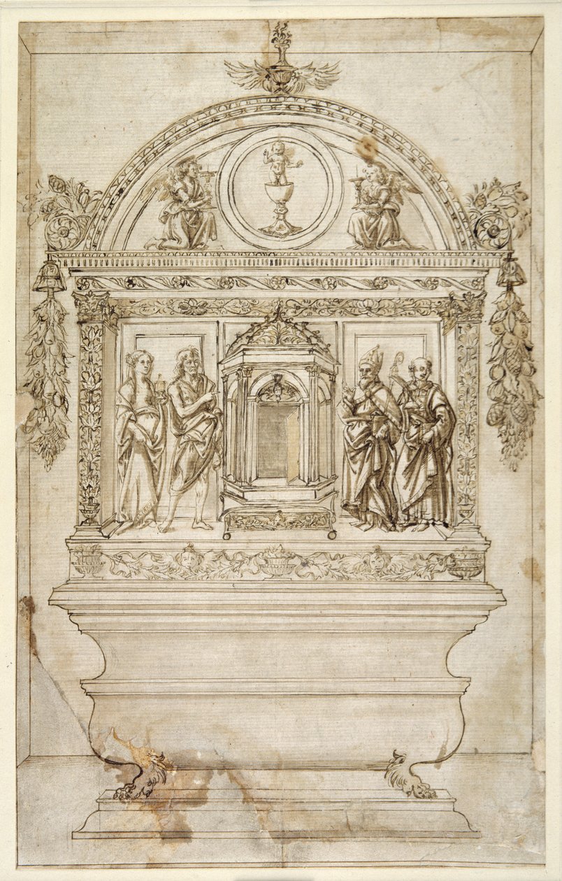 Design til alteret i et kapel, med et tabernakel til eukaristien (pen og brunt blæk med brun vask på hvidt papir) af Andrea del (follower of) Verrocchio