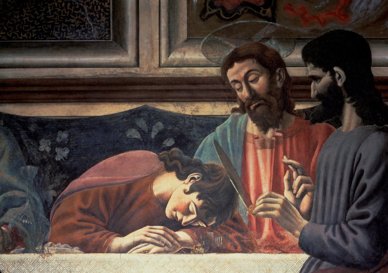 Den sidste nadver, detalje af Judas, Kristus og St. John, 1447 freskodetalje af 85172 af Andrea del Castagno