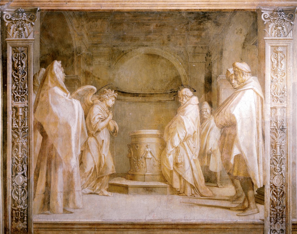 Engel, der annoncerer barnets fødsel til Zacharias, detaljer fra Stories of Virgin af Andrea del Sarto (1486-1530), fresko i monokrom, Cloister of Scalzo, Firenze af Andrea del Sarto