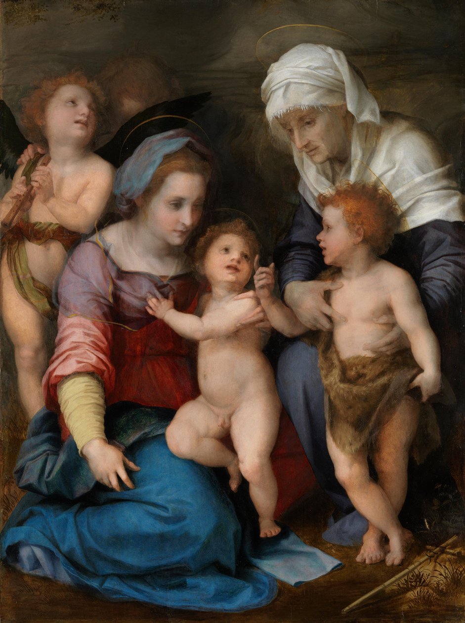 Den hellige familie (Maria med barnet, den unge Johannes, den hellige Elisabeth og to engle) af Andrea del Sarto