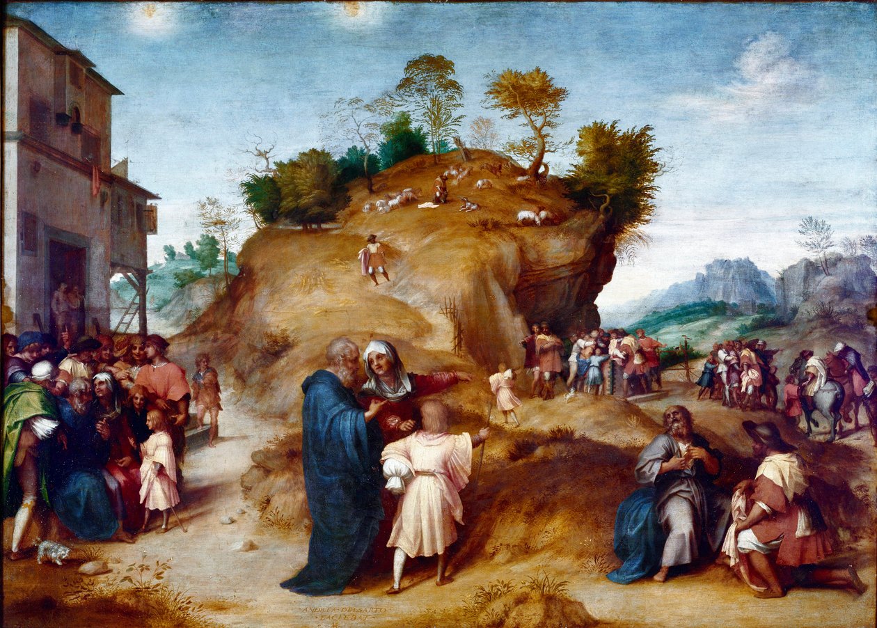 Historien om Josef, Jakobs søn: "" Josef tolker sin fars drømme"" Maleri på træ af Andrea del Sarto (1486-1530) 1515-1517 Dim. 98x135 cm Firenze, Palazzo Pitti, Galleria Palatina af Andrea del Sarto