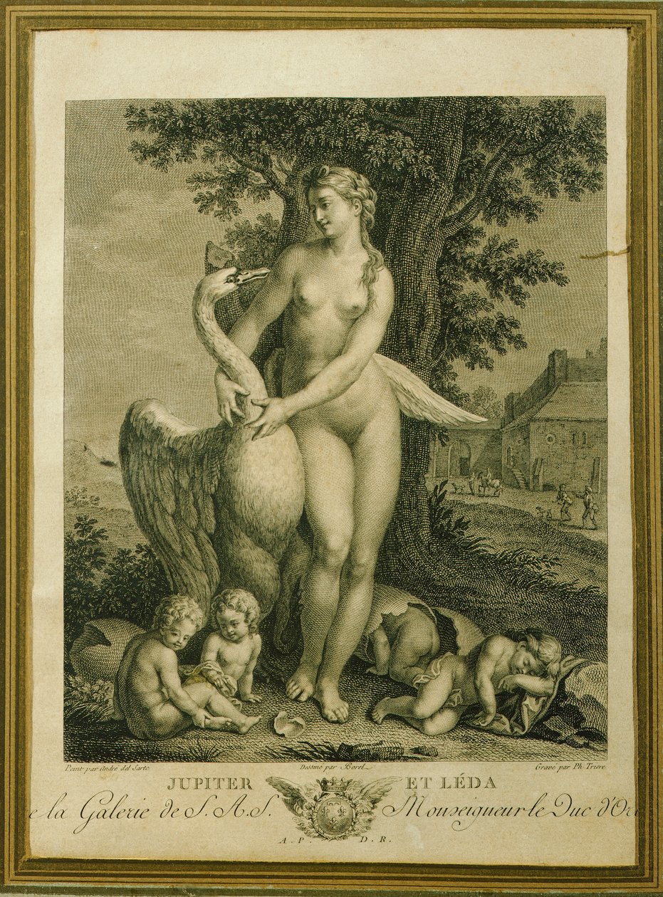 Leda og svanen, gravering af Philippe Triere (1756-1815), efter en tegning af Andrea Del Sarto af Andrea del Sarto
