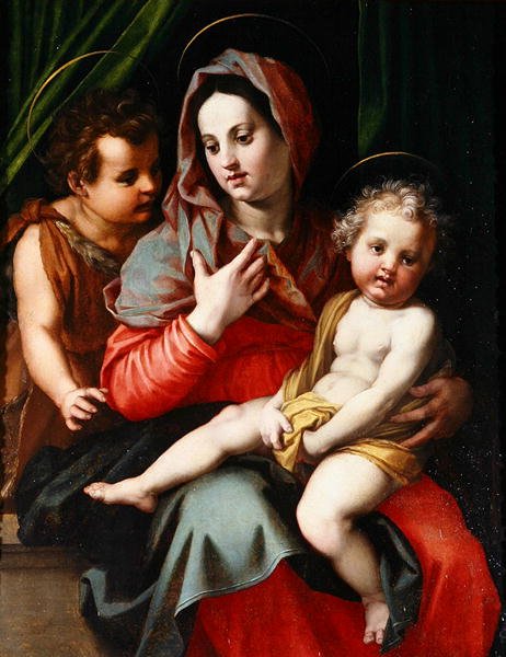 Madonna og barn med St. John (olie på panel) af Andrea del Sarto