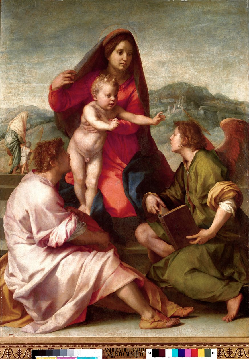 Madonna della Scala. Hellig familie med en engel. Maleri af Andrea del Sarto (1486-1531) 1522-1523 søn. 1,77x1,35 m Madrid, Prado Museum af Andrea del Sarto