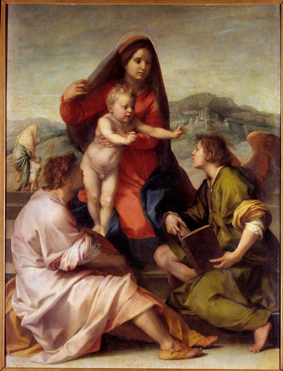 Madonna della Scala. Hellig familie med en engel. Maleri af Andrea del Sarto (1486-1531) 1522-1523 søn. 1,77x1,35 m Madrid, Prado Museum af Andrea del Sarto