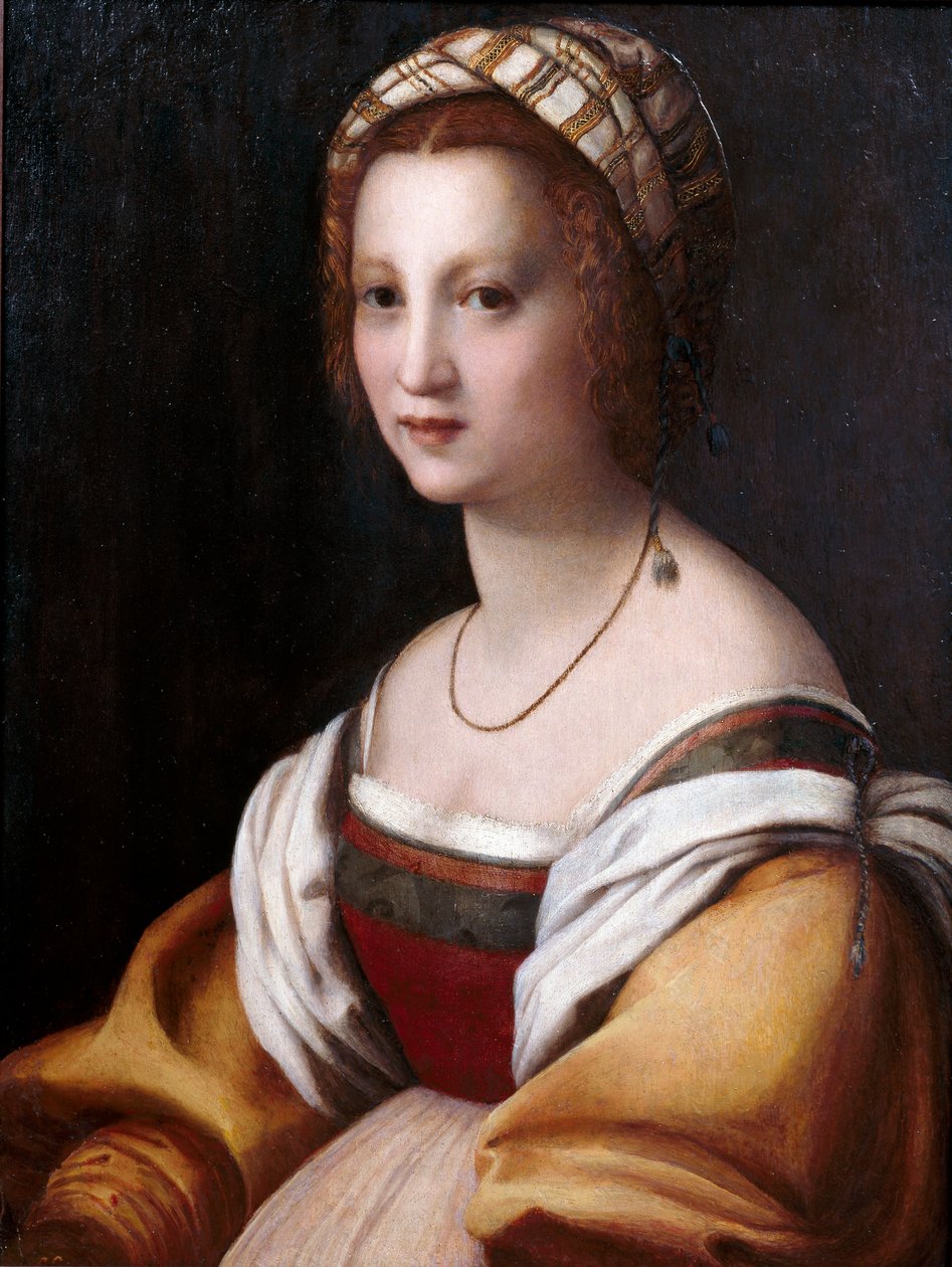 ""Portræt af en kvinde"" (Portræt af en kvinde) Maleri af Andrea del Sarto (1486-1531) ca. 1514 Dim 73x56 cm Museo del Prado, Madrid af Andrea del Sarto