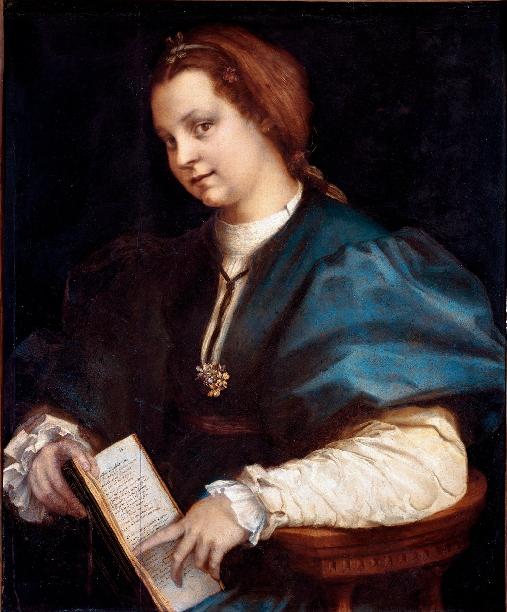 Portræt af en ukendt (Dame i Petrarchino, kvinden holder i hænderne en kopi af "Canzoniere"" af Petrarch (Petrarca) Træmaleri af Andrea del Sarto (1486-1530) 1528 ca. søn. 84x69 cm Firenze, Galleria degli Uffizi (Kontorer) af Andrea del Sarto