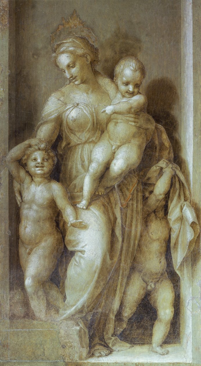 Repræsentation af velgørenhed, detaljer fra Stories of St John af Andrea del Sarto (1486-1530), fresko i monokrom Cloister of Scalzo, Firenze af Andrea del Sarto
