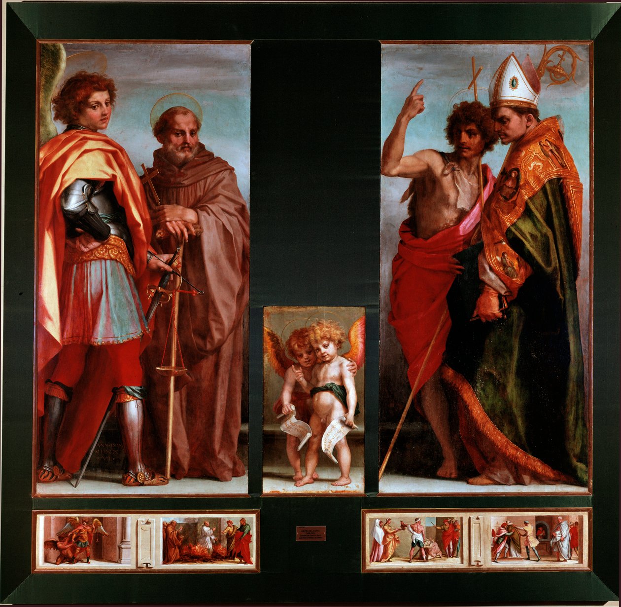 Hellige Michael, John Gualbert, Johannes Døberen, Bernardo degli Uberti Predelle af de fire hellige. Maleri af Andrea del Sarto (Andrea d