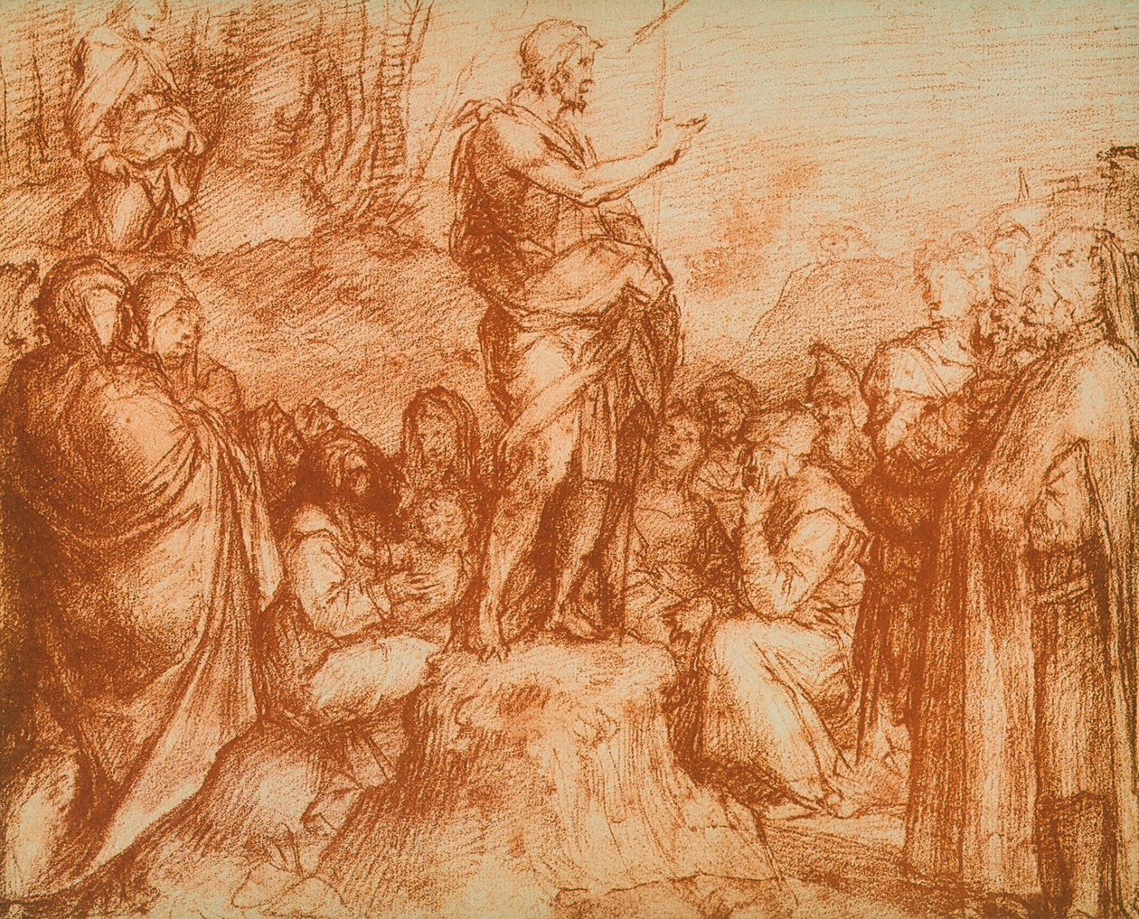 Johannes Døberen prædiker for folkemængden, forberedende undersøgelse til fresken i Chiostro dello Scalzo, tegning af Andrea del Sarto. Kabinet for tegninger og tryk, Uffizi Gallery, Flor af Andrea del Sarto