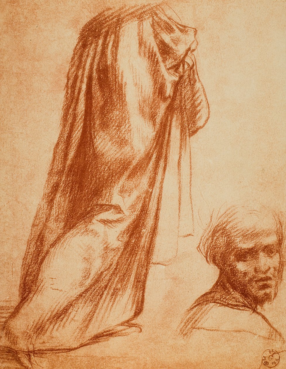 Undersøgelse af draperi og mandsportræt; tegning af Andrea del Sarto. Kabinet for tegninger og tryk, Uffizi Gallery, Firenze af Andrea del Sarto