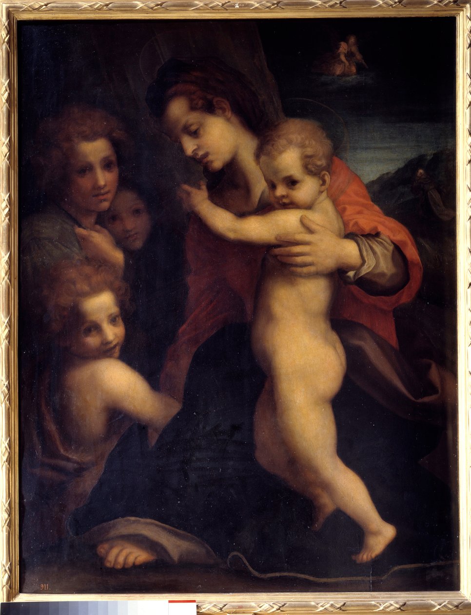 Jomfruen, Jesusbarnet, Sankt Johannes og to engle Maleri af Andrea del Sarto (1486-1531) 1500-tallet søn. 1,06x0,79m Madrid, Prado Museum af Andrea del Sarto