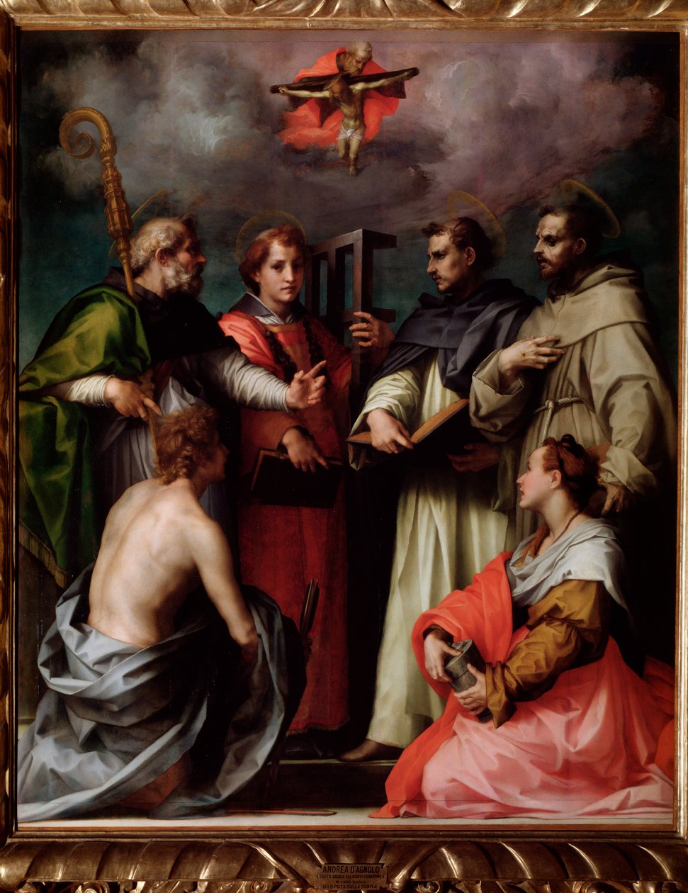 Disputationen af den hellige treenighed, med Sankt Peter, Sankt Lawrence, Sankt Augustin af Hippo, Sankt Frans, Sankt Sebastian, Sankt Maria Magdalena (maleri, ca. 1517) af Andrea del Sarto