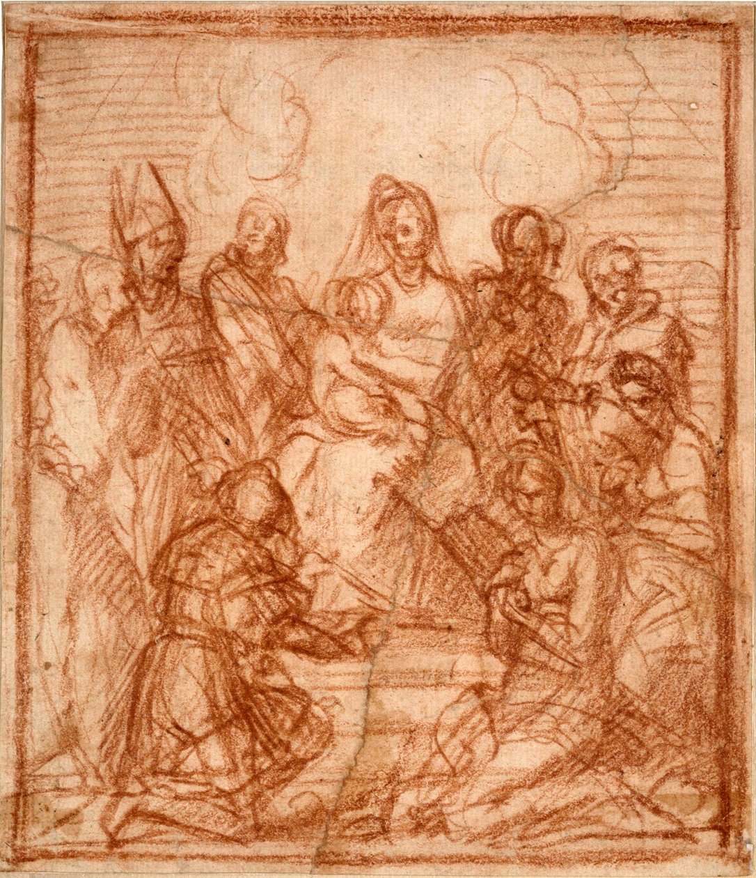 "Madonna og barn på tronen med otte hellige" (Madonna på tronen med barn og otte helgener (Kompositionsstudie)) Sanguinetegning af Andrea del Sarto (1486-1531) 1528 Sanguine på papir Dim 15,6x13,5 cm Staatliche Museen, Berlin af Andrea del Sarto