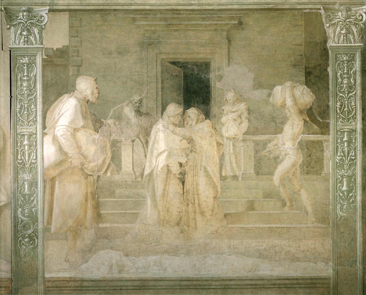 Jomfrubesøg hos Elizabeth, detaljer fra Stories of Virgin af Andrea del Sarto (1486-1530), freskomaleri i monokrom, Cloister of Scalzo, Firenze af Andrea del Sarto