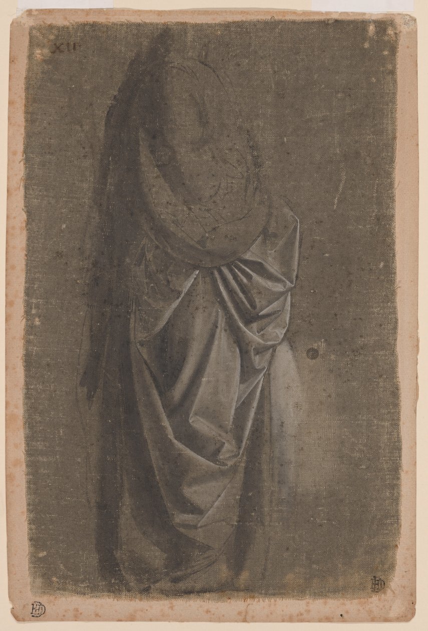 Draperistudie af en stående figur, der vender mod højre, i profil af Andrea del Verrocchio