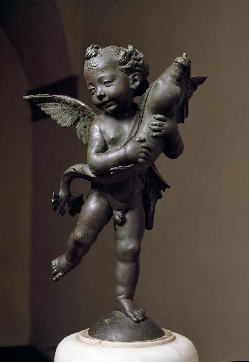 Kærlighed med delfin Bronzeskulptur af Verrocchio af Andrea del Verrocchio