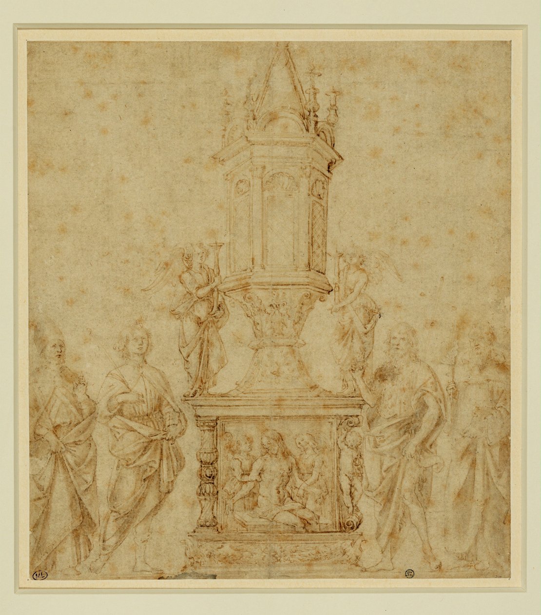 Verrocchios skole. Relikvieskrin mellem en hellig ... af Andrea del Verrocchio
