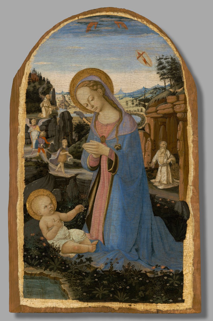 Tilbedelsen af Kristusbarnet med den hellige Frans af Assisi, der modtager Stigmata; Tobias og englen; Sankt Johannes Døberen i ørkenen; og den angrende Sankt Hieronymus af Andrea del Verrocchio