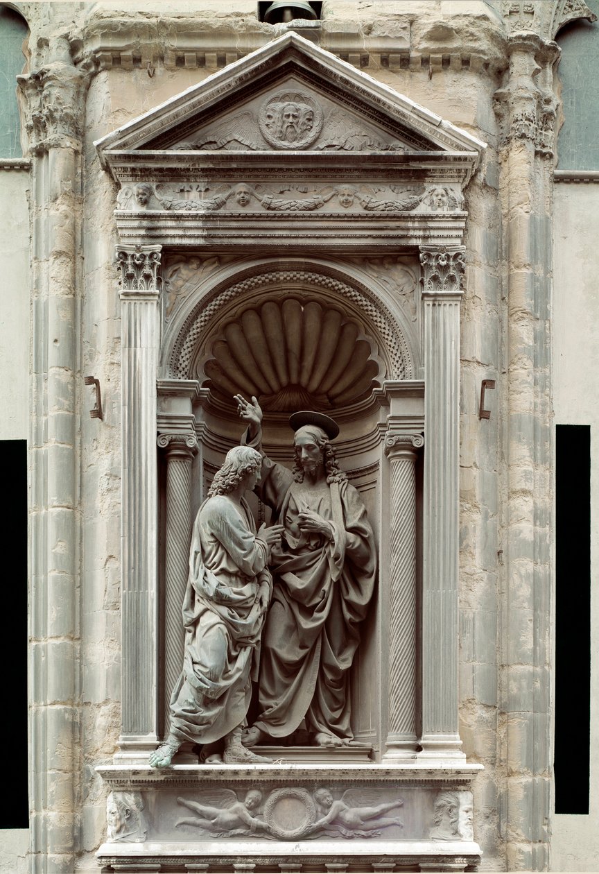 Den incredulite af St. Thomas Bronzeskulptur af Andrea di Francesco di Cione dit il Verrocchio (1435-1488) Firenze, Chiesa di Orsanmichele af Andrea del Verrocchio