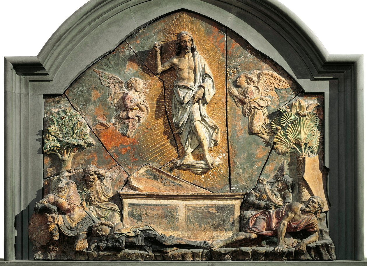 Kristi opstandelse (Den sovende soldat er repræsenteret som Laurent de Medici (Lorenzo den storslåede) Polykrom terracotta relief af Andrea del Verrocchio (1437-1488) Museo Nazionale del Bargello Firenze fra det 15. århundrede af Andrea del Verrocchio