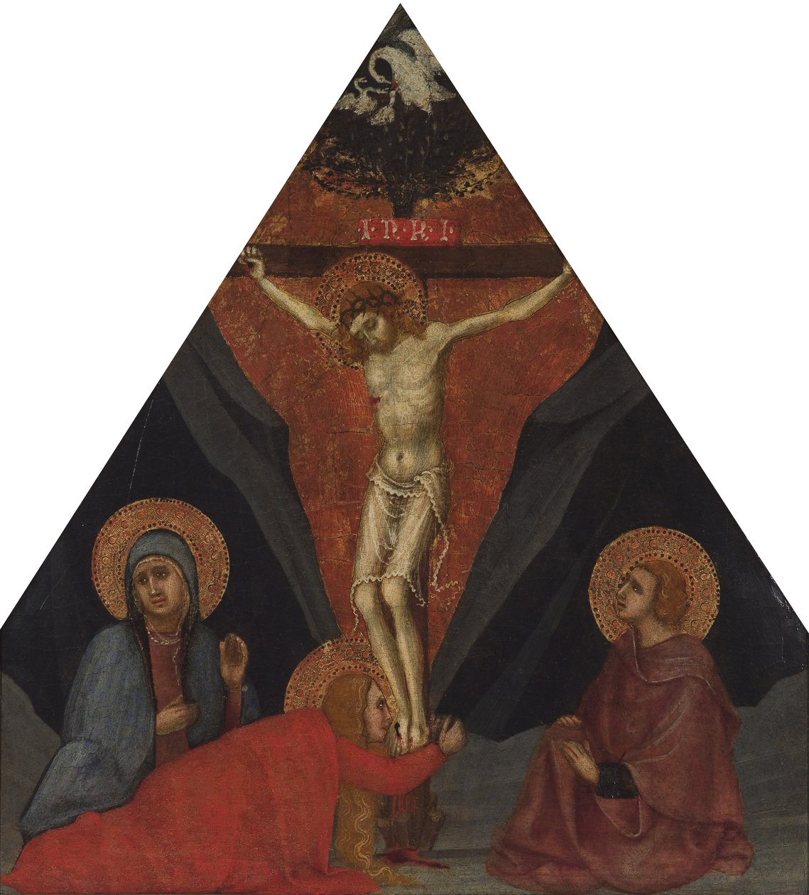 Korsfæstelsen med Jomfruen, Maria Magdalena og Johannes Evangelisten, ca 1400 af Andrea di Bartolo