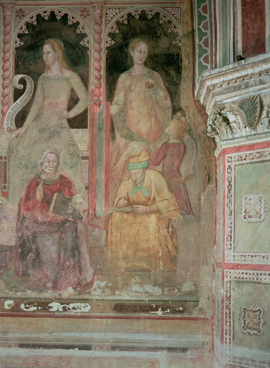 Kirkens militante og triumferende, i det spanske kapel, detalje af retorik, cicero, grammatik og Aelius Donatus af Andrea di Bonaiuto (fl.1343 77)