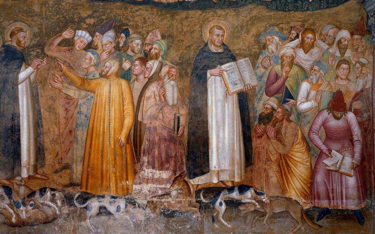Den militante kirkes triumf: Thomas Aquinas før kætterne og nederst til højre rev Fra Dolcino den officielle doktrin om kirken. Spagniardernes Kapel (Detalje af fresken, 1365) af Andrea di Bonaiuto (fl.1343 77)