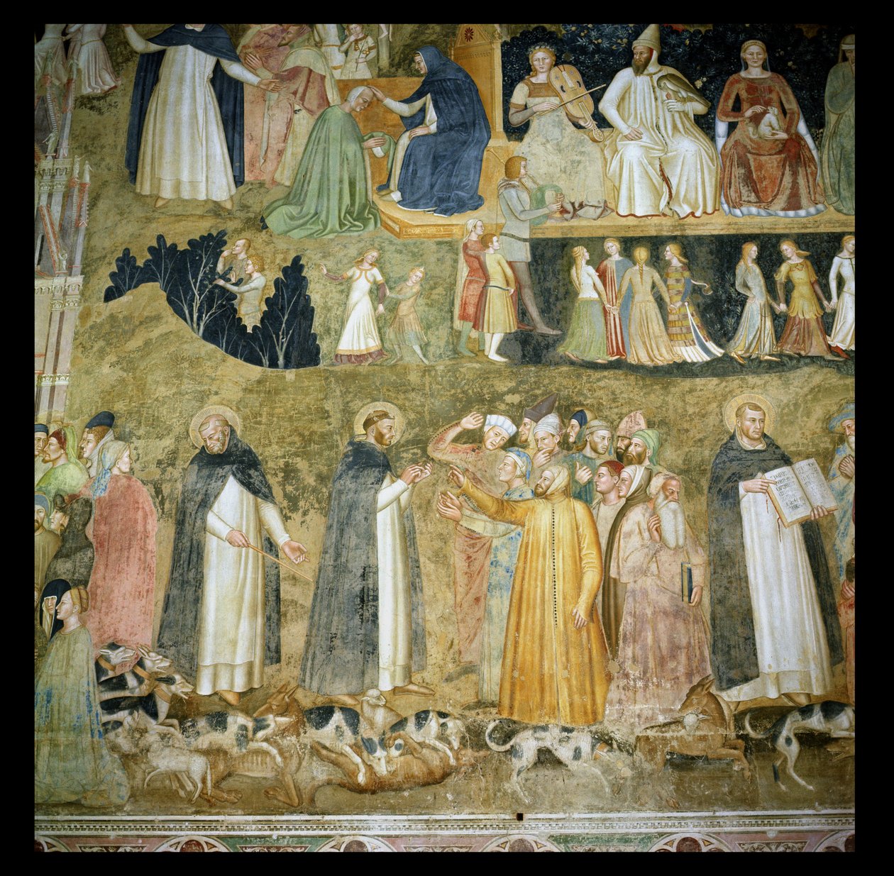 St. Dominic sender Herrens hunde frem med St. Peter Martyr og St. Thomas Aquinas, ca. 1369 af Andrea di Bonaiuto