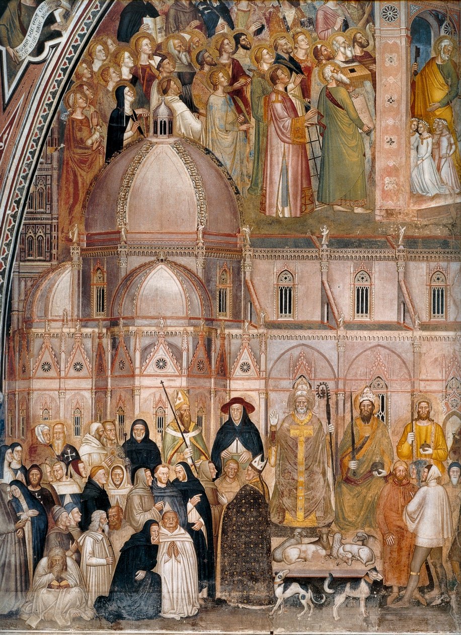 Kirkens triumf, Church Militant and Triumphant Alternativ(e) titel(r):  Allegori om den aktive og triumferende kirke og den dominikanske orden. af Andrea di Bonaiuto