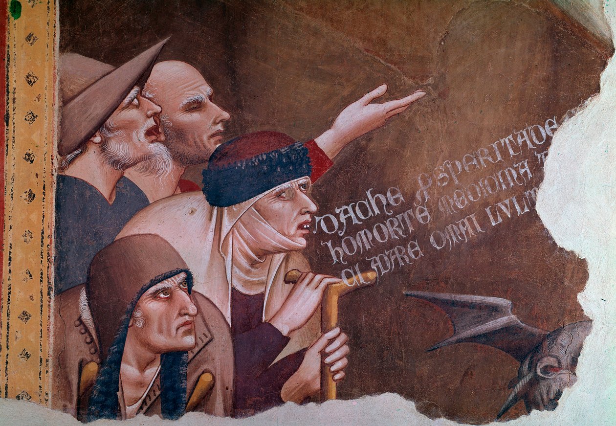 Detalje af en scene af Apokalypsen, der skildrer en gruppe invalide, syge ekloper og tiggere. Dødens triumf (Fresco af Andrea di Cione Orcagna