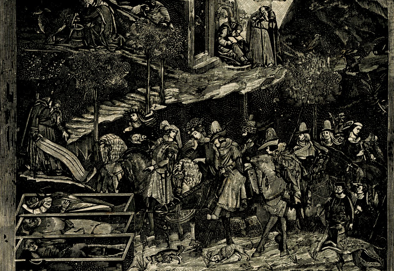 Ridning, detaljer fra Triumph of Death, fresko af Andrea Orcagna (ca. 1315-1368), Pisa, Toscana, Italien, træsnit fra Le cento citta d