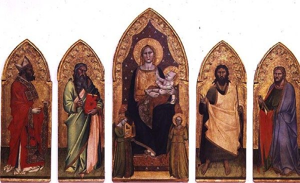 Madonna og barn med hellige (tempera på panel) af Andrea di Cione Orcagna