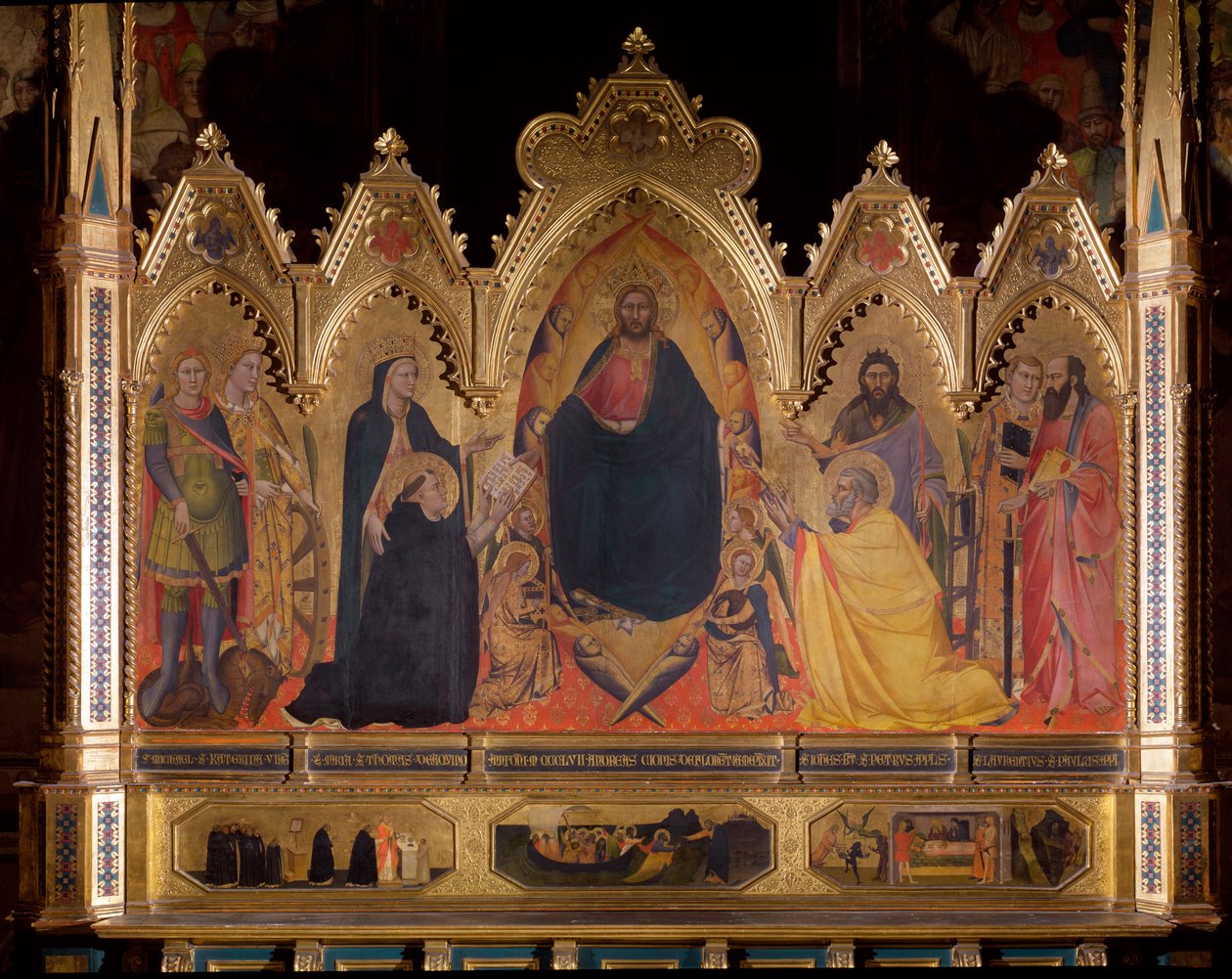 Maesta repræsenterer Jesus på tronen med St Michael, Mary og St Thomas Aquinas, St John the Baptist, St Peter, St Lawrence and St Paul - olie på panel af Andrea di Cione Orcagna