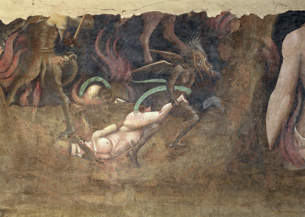 Dødens triumf, detalje af en djævel, der fører en synder bort i helvede, fresko fra 1348 af Andrea di Cione Orcagna