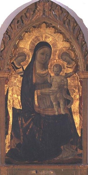 Madonna og barn med to engle (tempera på panel) af Andrea di Giusto Manzini