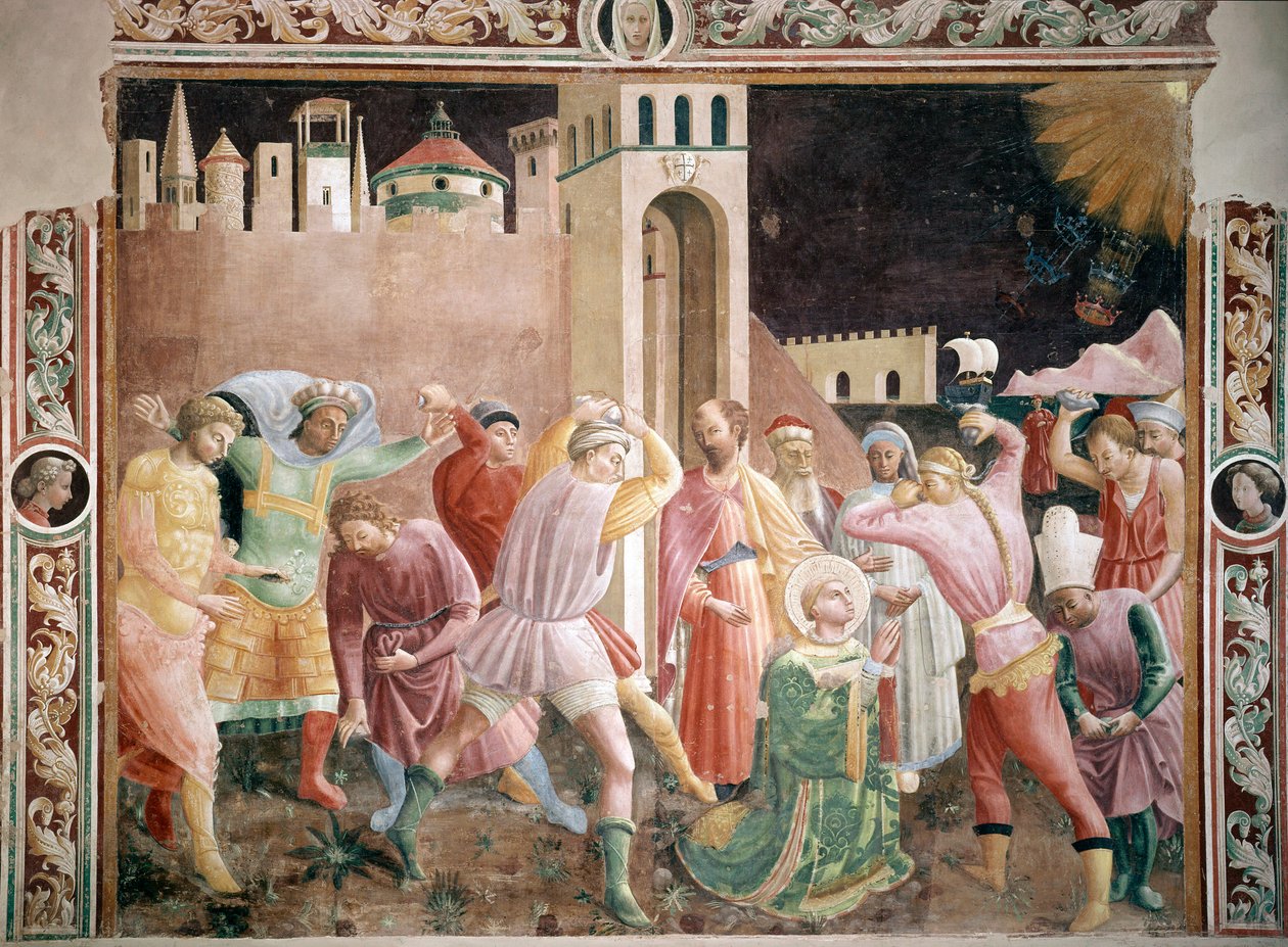 Stening af Skt. Stephen Fresco af Andrea di Giusto (aktiv omkring 1424-1450) 1430-1450 Cathedrale of Prato, Chapel of Assunta Prato Italien af Andrea di Giusto Manzini