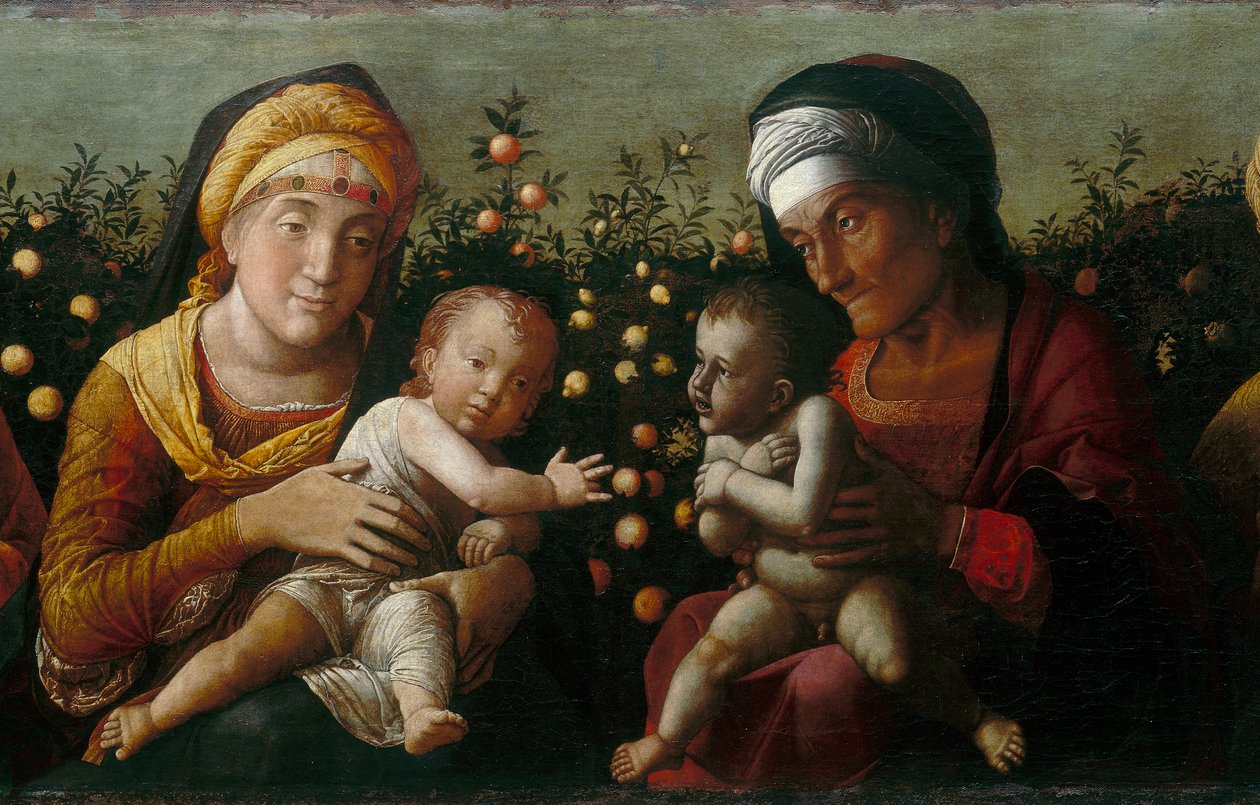 Den hellige familie med de hellige Elisabeth, John og Zachary, detaljer af Andrea school of Mantegna