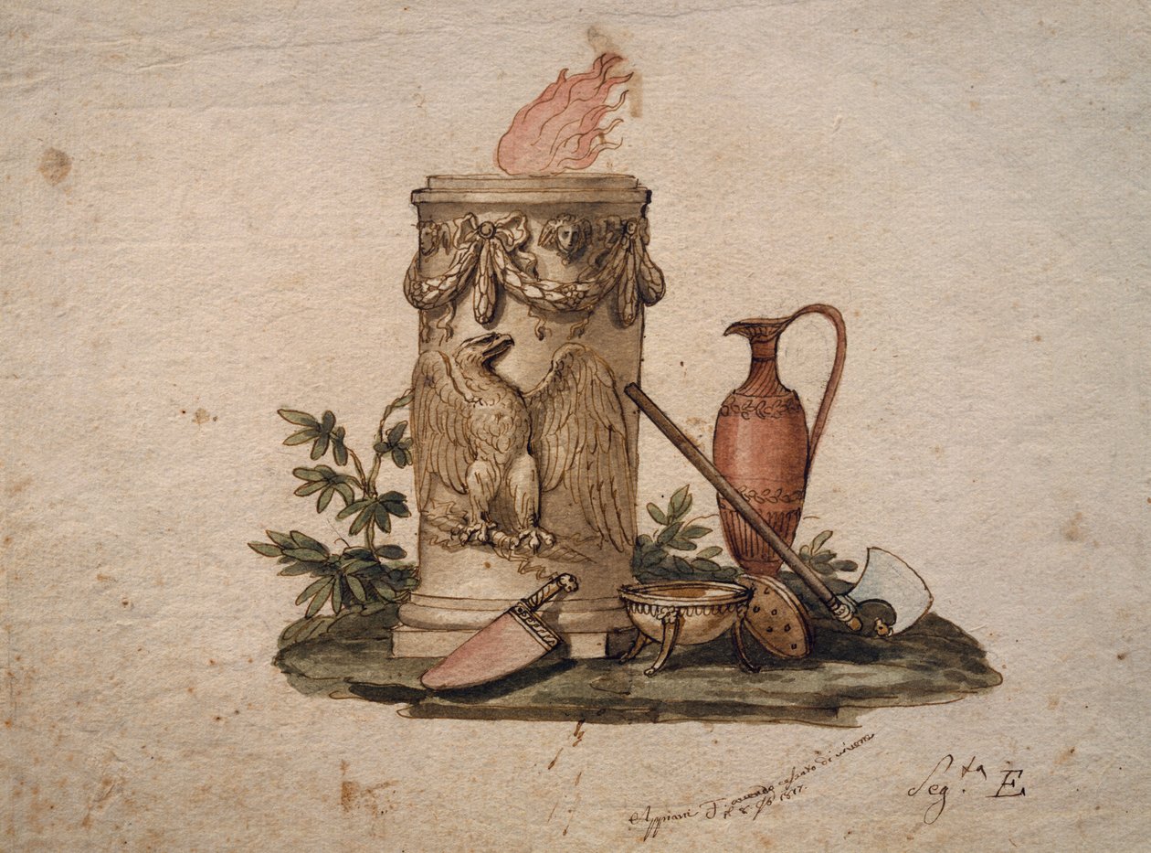 Søjleformet fyrfad, dekoreret med festoner og ørn, med skærevåben, kop og amfora, maleri af Andrea Appiani (1754-1817), Italien af Andrea the Elder Appiani