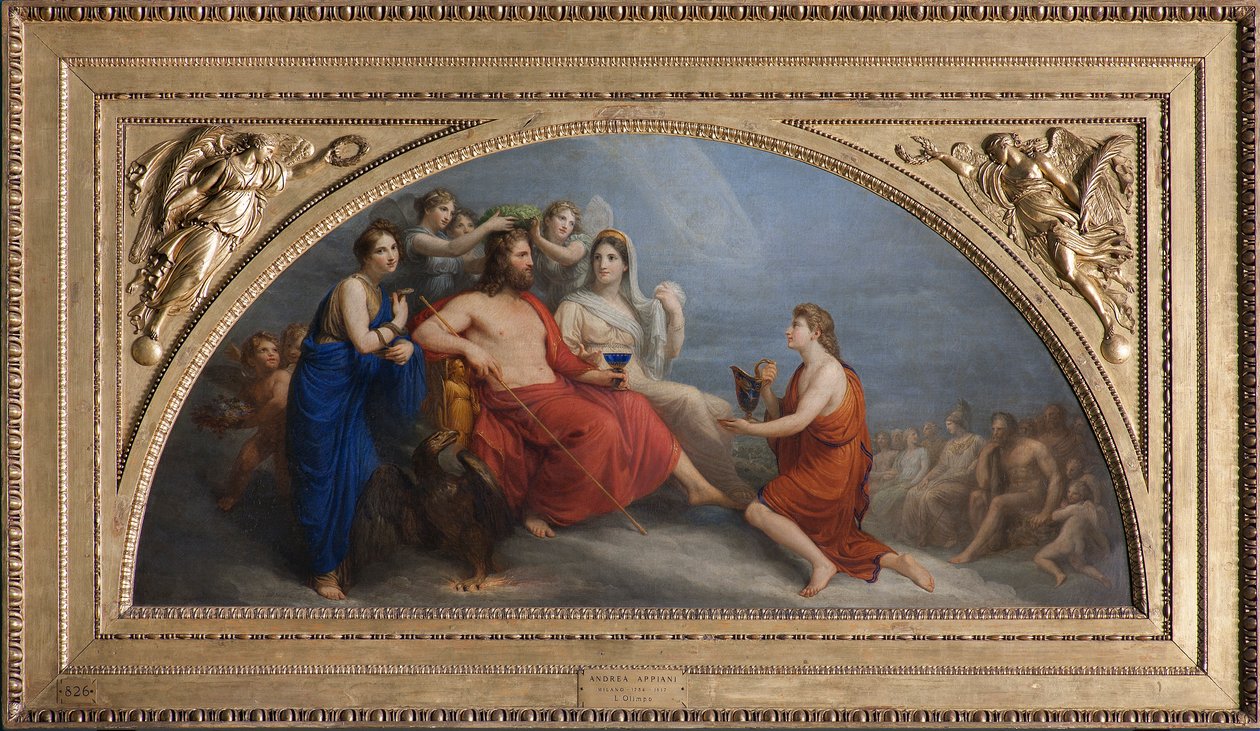Olympen (Jupiter, kronet med myrthe af timerne, tilbyder en globet til Ganymedes for at blive serveret nektar) af Andrea the Elder Appiani