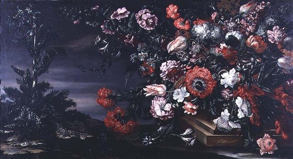 Stilleben af blomster i en stenvase af Andrea the Elder Scacciati