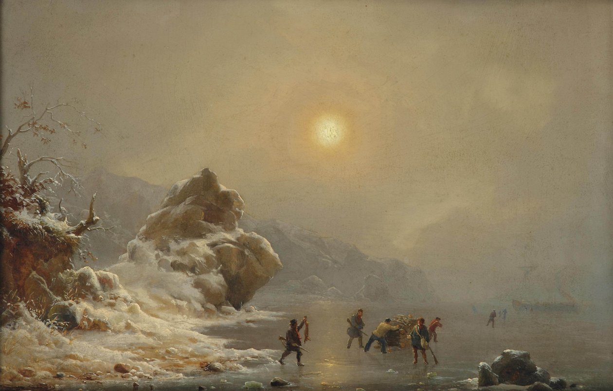 Et vinterlandskab med jægere på isen af Andreas Achenbach