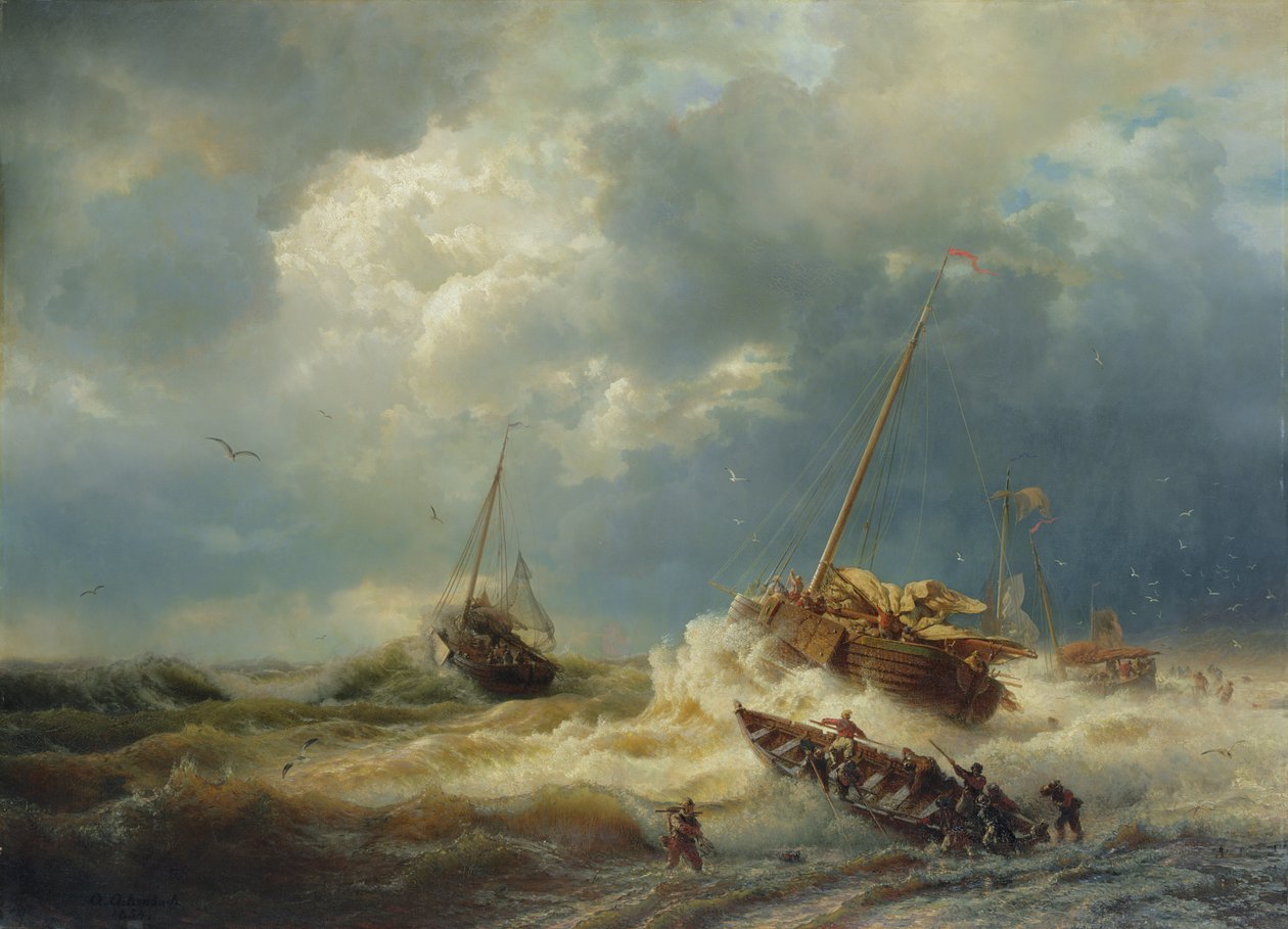 Skibe i en storm på den hollandske kyst, 1854 af Andreas Achenbach