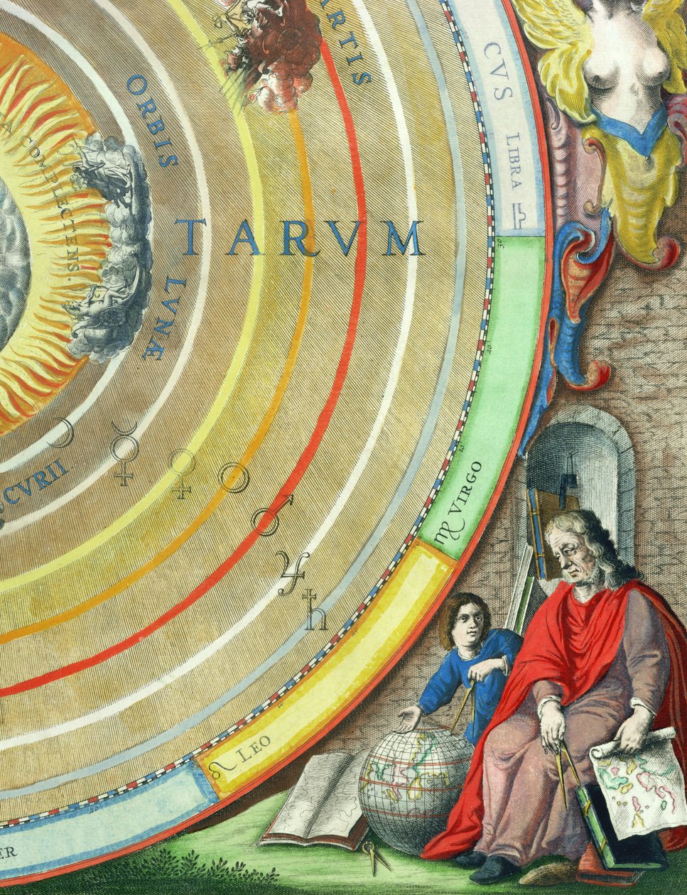 En astronom, detalje fra et kort over planeterne, fra "A Celestial Atlas, or The Harmony of the Universe" (Atlas coelestis seu harmonia macrocosmica) udgivet af Joannes Janssonius, Amsterdam, 1660-61 (ha af Andreas Cellarius